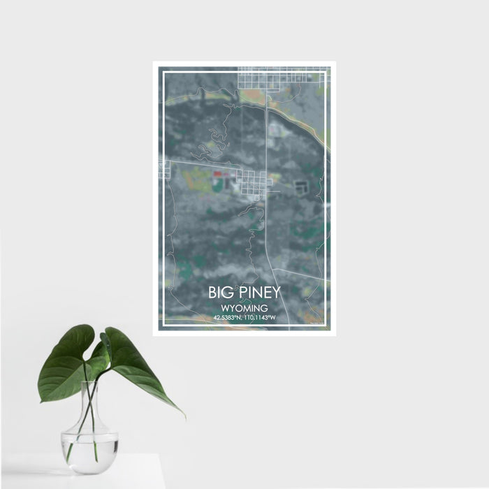 16x24 Big Piney Wyoming Map Print Portrait Orientation in Afternoon Style With Tropical Plant Leaves in Water