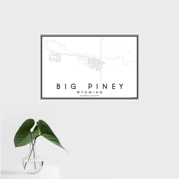 16x24 Big Piney Wyoming Map Print Landscape Orientation in Classic Style With Tropical Plant Leaves in Water