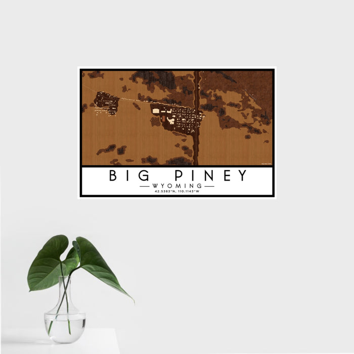 16x24 Big Piney Wyoming Map Print Landscape Orientation in Ember Style With Tropical Plant Leaves in Water