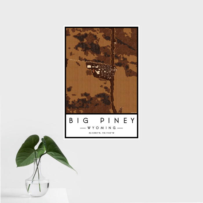 16x24 Big Piney Wyoming Map Print Portrait Orientation in Ember Style With Tropical Plant Leaves in Water