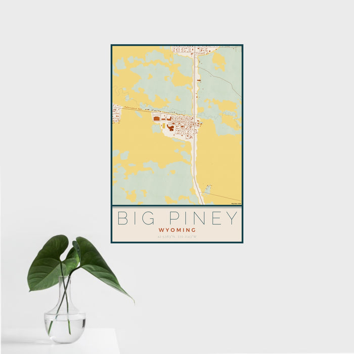 16x24 Big Piney Wyoming Map Print Portrait Orientation in Woodblock Style With Tropical Plant Leaves in Water