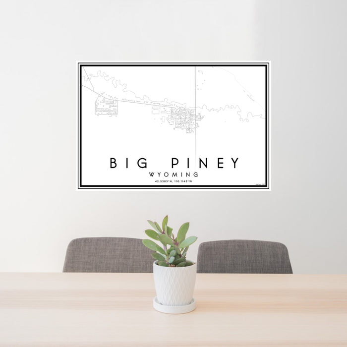 24x36 Big Piney Wyoming Map Print Lanscape Orientation in Classic Style Behind 2 Chairs Table and Potted Plant