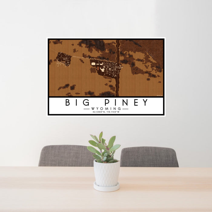 24x36 Big Piney Wyoming Map Print Lanscape Orientation in Ember Style Behind 2 Chairs Table and Potted Plant