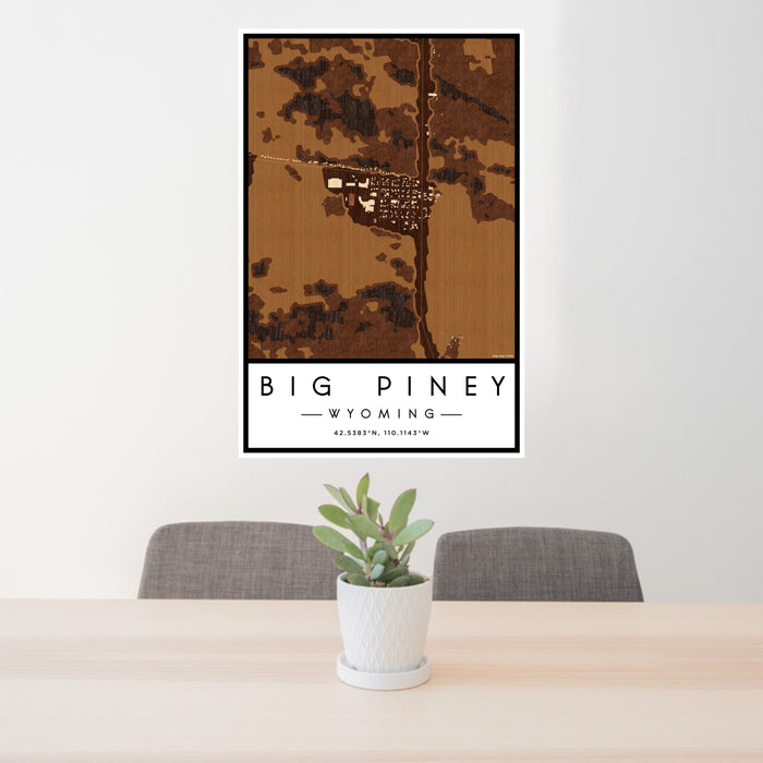 24x36 Big Piney Wyoming Map Print Portrait Orientation in Ember Style Behind 2 Chairs Table and Potted Plant