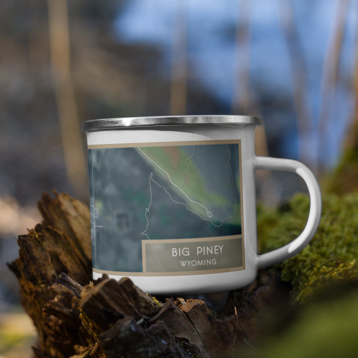 Right View Custom Big Piney Wyoming Map Enamel Mug in Afternoon on Grass With Trees in Background