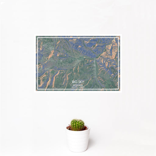 12x18 Big Sky Montana Map Print Landscape Orientation in Afternoon Style With Small Cactus Plant in White Planter