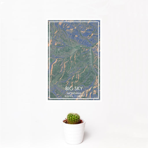 12x18 Big Sky Montana Map Print Portrait Orientation in Afternoon Style With Small Cactus Plant in White Planter