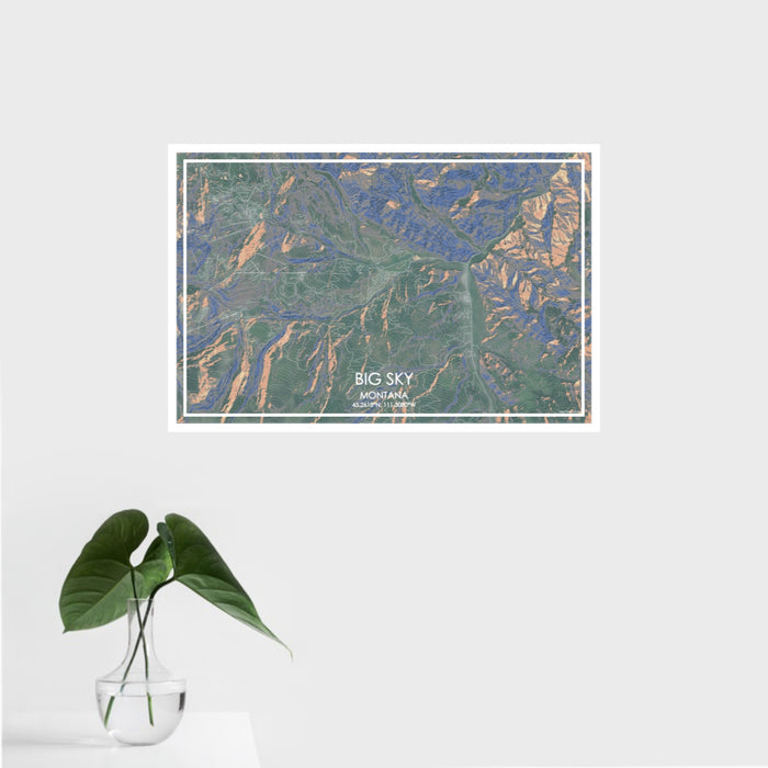 16x24 Big Sky Montana Map Print Landscape Orientation in Afternoon Style With Tropical Plant Leaves in Water