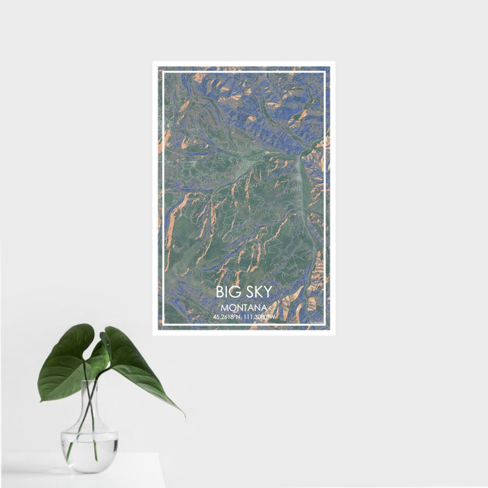16x24 Big Sky Montana Map Print Portrait Orientation in Afternoon Style With Tropical Plant Leaves in Water