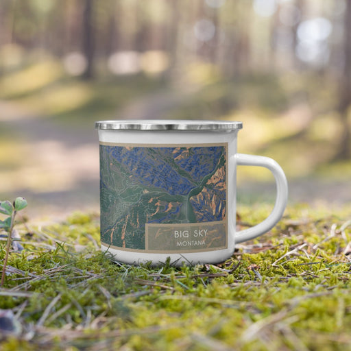 Right View Custom Big Sky Montana Map Enamel Mug in Afternoon on Grass With Trees in Background