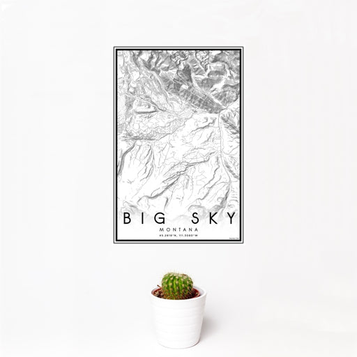 12x18 Big Sky Montana Map Print Portrait Orientation in Classic Style With Small Cactus Plant in White Planter