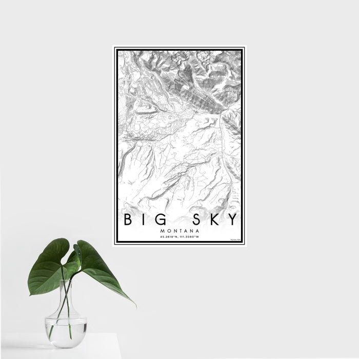 16x24 Big Sky Montana Map Print Portrait Orientation in Classic Style With Tropical Plant Leaves in Water