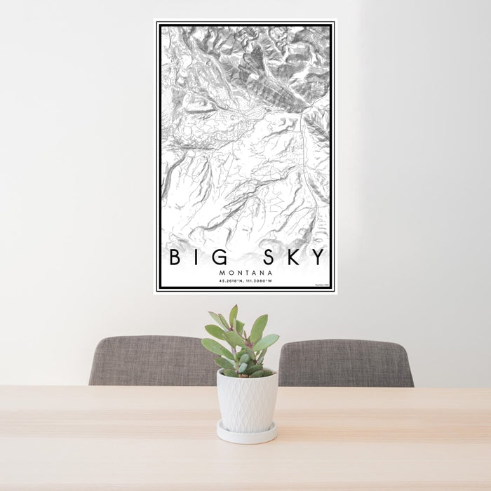 24x36 Big Sky Montana Map Print Portrait Orientation in Classic Style Behind 2 Chairs Table and Potted Plant