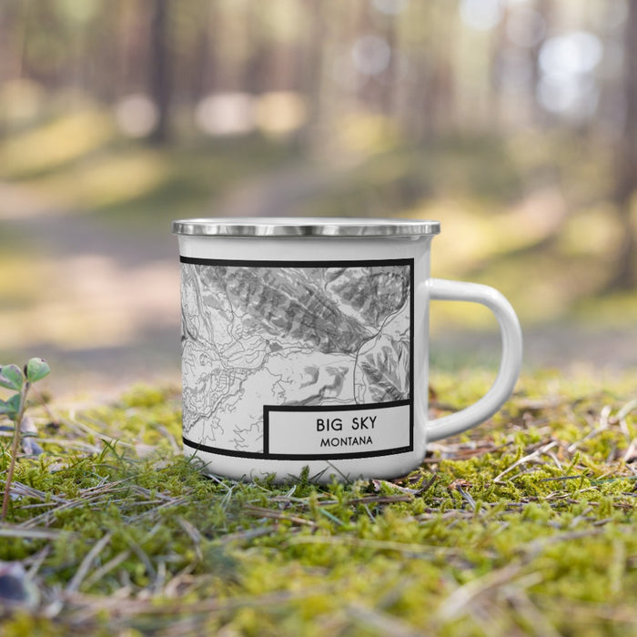 Right View Custom Big Sky Montana Map Enamel Mug in Classic on Grass With Trees in Background