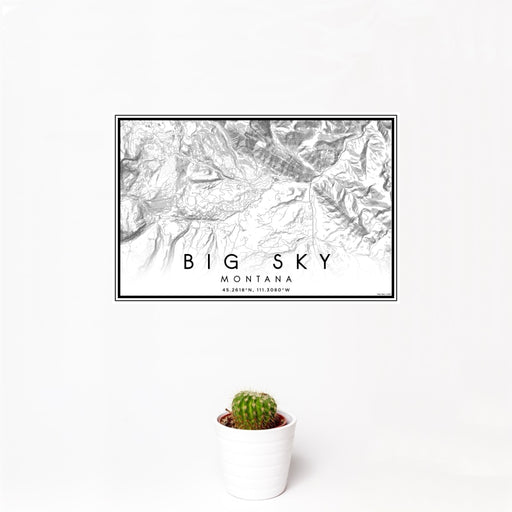 12x18 Big Sky Montana Map Print Landscape Orientation in Classic Style With Small Cactus Plant in White Planter