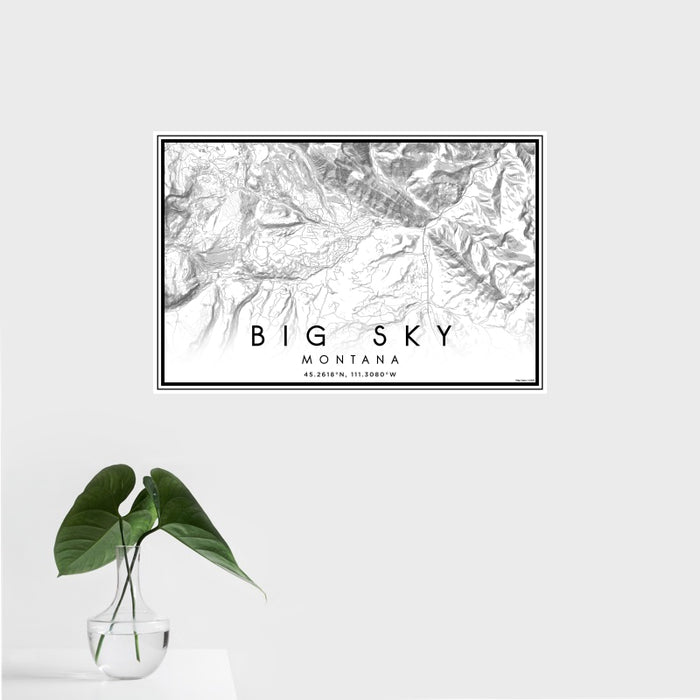 16x24 Big Sky Montana Map Print Landscape Orientation in Classic Style With Tropical Plant Leaves in Water