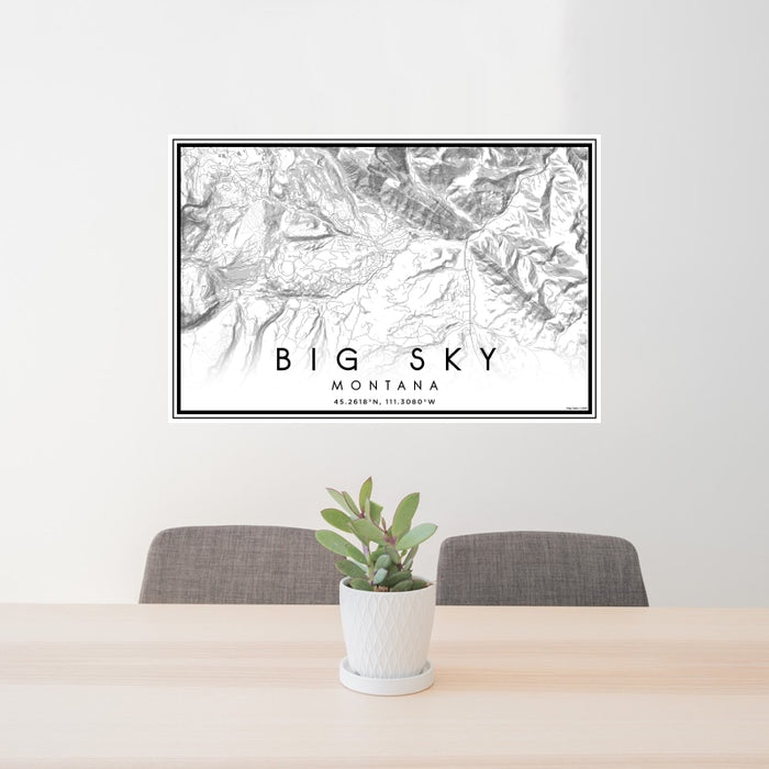 24x36 Big Sky Montana Map Print Landscape Orientation in Classic Style Behind 2 Chairs Table and Potted Plant