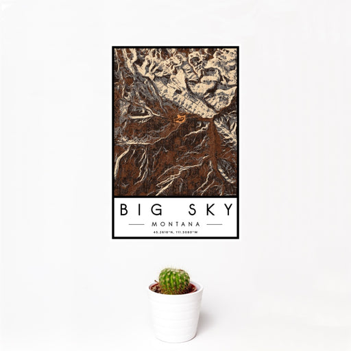 12x18 Big Sky Montana Map Print Portrait Orientation in Ember Style With Small Cactus Plant in White Planter