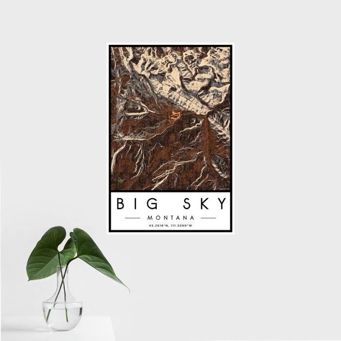 16x24 Big Sky Montana Map Print Portrait Orientation in Ember Style With Tropical Plant Leaves in Water