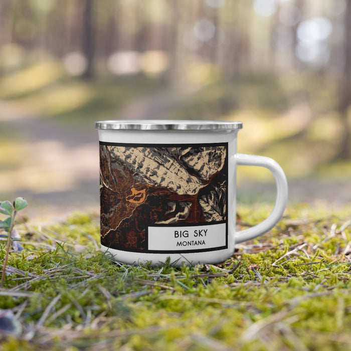 Right View Custom Big Sky Montana Map Enamel Mug in Ember on Grass With Trees in Background