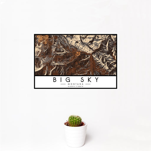 12x18 Big Sky Montana Map Print Landscape Orientation in Ember Style With Small Cactus Plant in White Planter