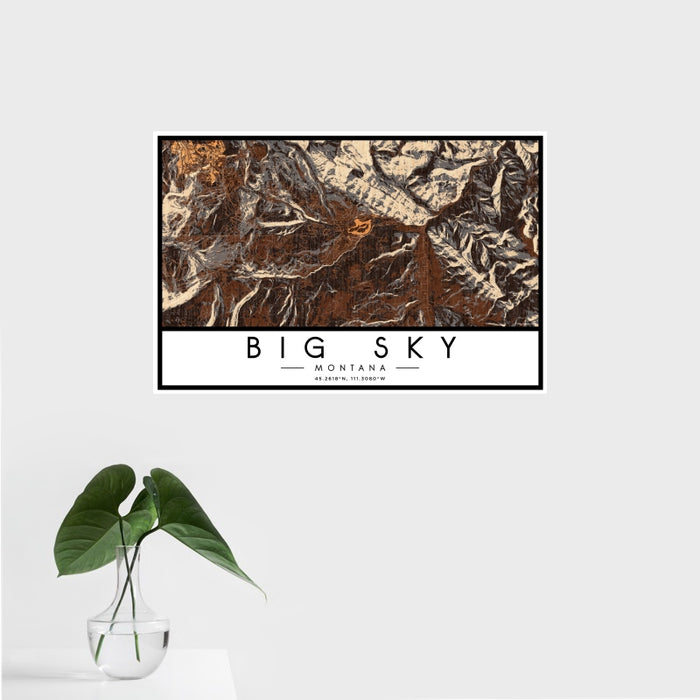 16x24 Big Sky Montana Map Print Landscape Orientation in Ember Style With Tropical Plant Leaves in Water