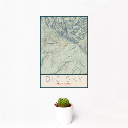 12x18 Big Sky Montana Map Print Portrait Orientation in Woodblock Style With Small Cactus Plant in White Planter