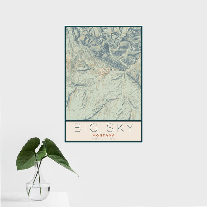16x24 Big Sky Montana Map Print Portrait Orientation in Woodblock Style With Tropical Plant Leaves in Water