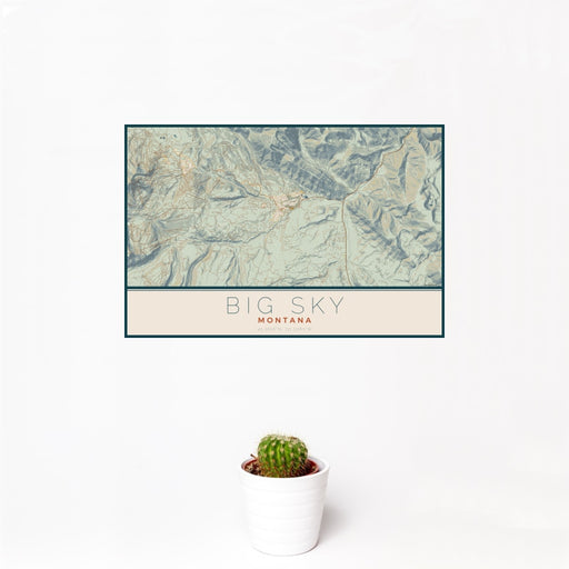12x18 Big Sky Montana Map Print Landscape Orientation in Woodblock Style With Small Cactus Plant in White Planter