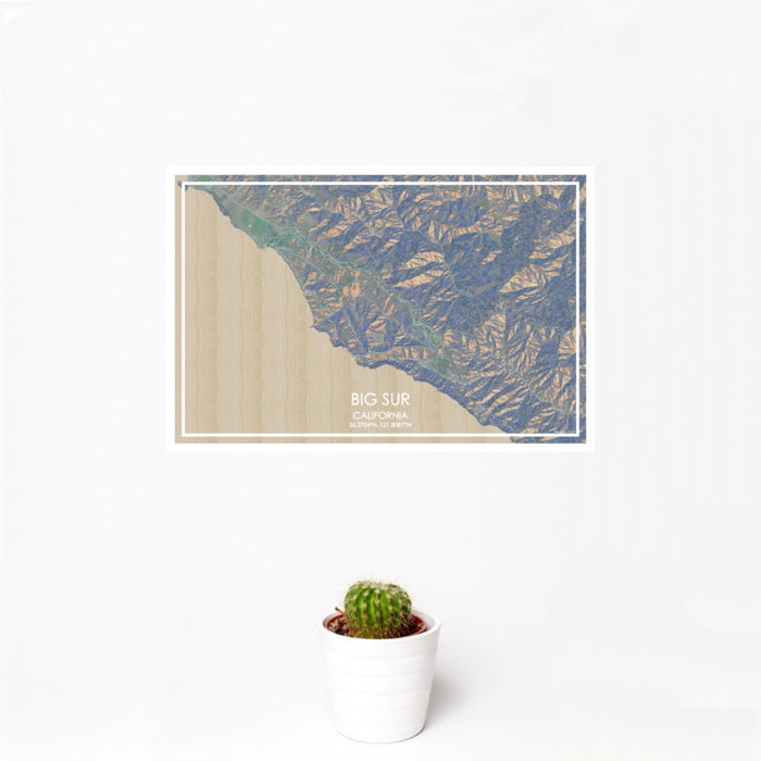 12x18 Big Sur California Map Print Landscape Orientation in Afternoon Style With Small Cactus Plant in White Planter