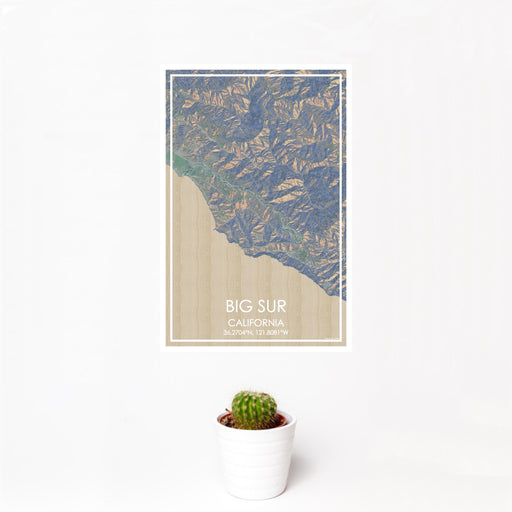 12x18 Big Sur California Map Print Portrait Orientation in Afternoon Style With Small Cactus Plant in White Planter