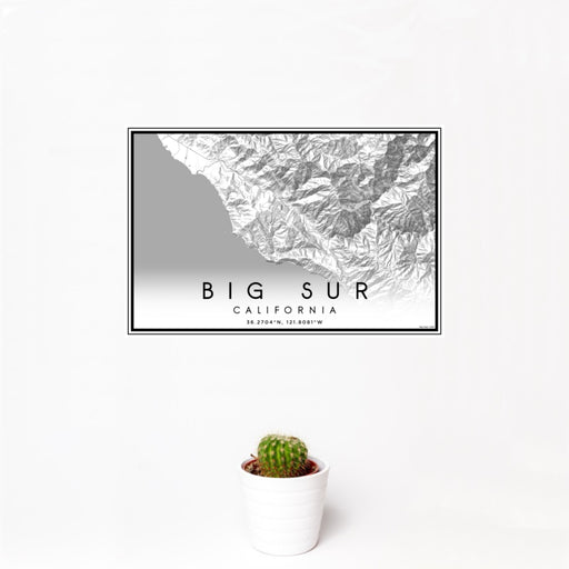 12x18 Big Sur California Map Print Landscape Orientation in Classic Style With Small Cactus Plant in White Planter