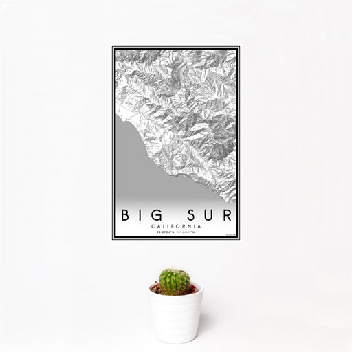 12x18 Big Sur California Map Print Portrait Orientation in Classic Style With Small Cactus Plant in White Planter