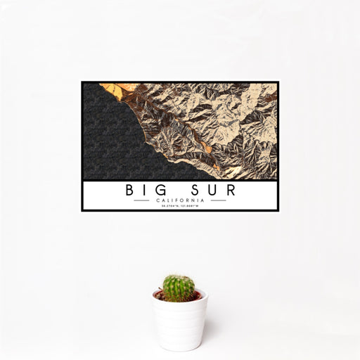 12x18 Big Sur California Map Print Landscape Orientation in Ember Style With Small Cactus Plant in White Planter