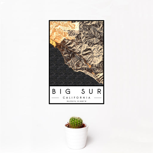 12x18 Big Sur California Map Print Portrait Orientation in Ember Style With Small Cactus Plant in White Planter