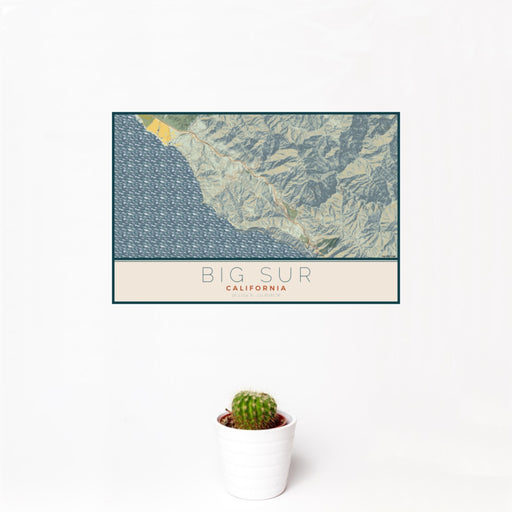 12x18 Big Sur California Map Print Landscape Orientation in Woodblock Style With Small Cactus Plant in White Planter