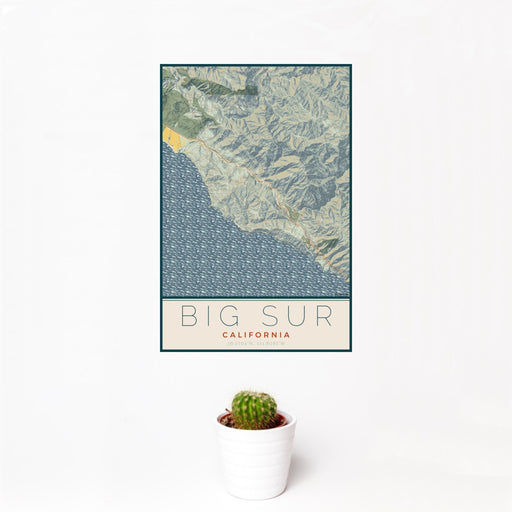 12x18 Big Sur California Map Print Portrait Orientation in Woodblock Style With Small Cactus Plant in White Planter