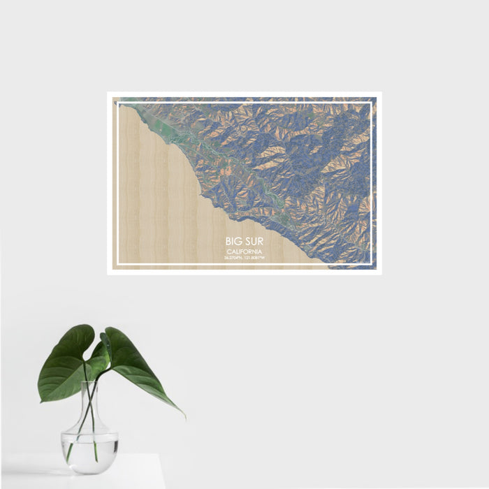 16x24 Big Sur California Map Print Landscape Orientation in Afternoon Style With Tropical Plant Leaves in Water