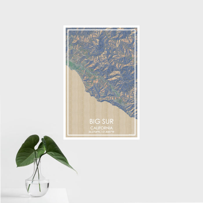 16x24 Big Sur California Map Print Portrait Orientation in Afternoon Style With Tropical Plant Leaves in Water