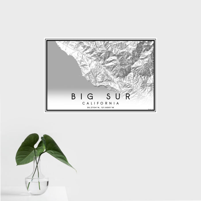 16x24 Big Sur California Map Print Landscape Orientation in Classic Style With Tropical Plant Leaves in Water