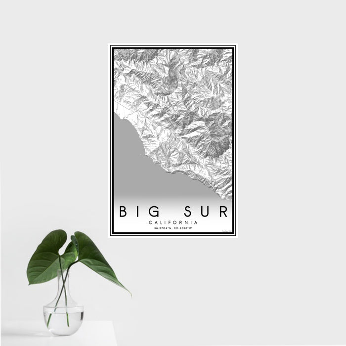 16x24 Big Sur California Map Print Portrait Orientation in Classic Style With Tropical Plant Leaves in Water