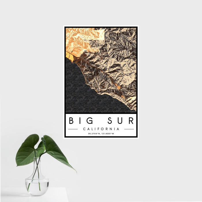 16x24 Big Sur California Map Print Portrait Orientation in Ember Style With Tropical Plant Leaves in Water