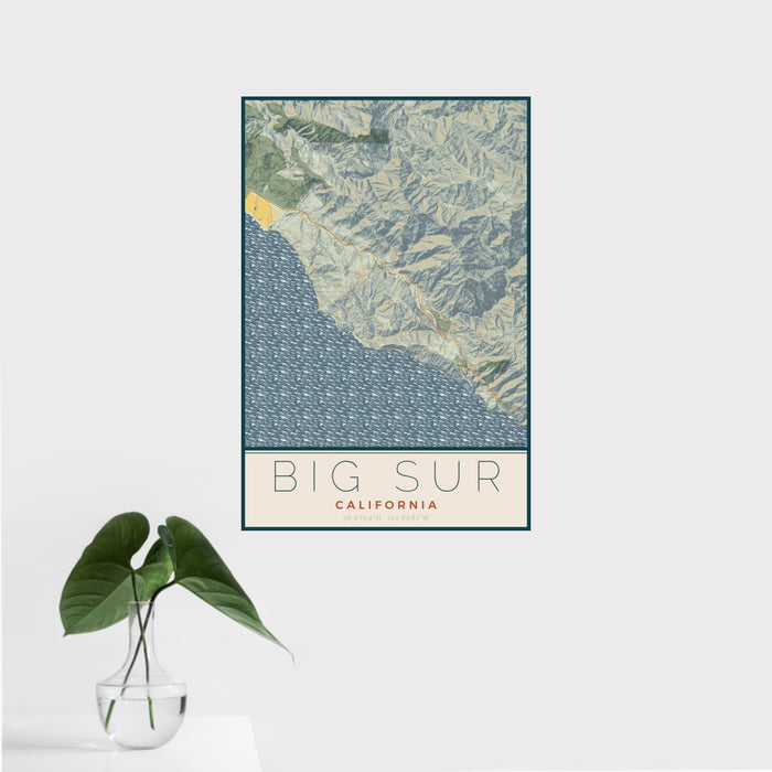 16x24 Big Sur California Map Print Portrait Orientation in Woodblock Style With Tropical Plant Leaves in Water
