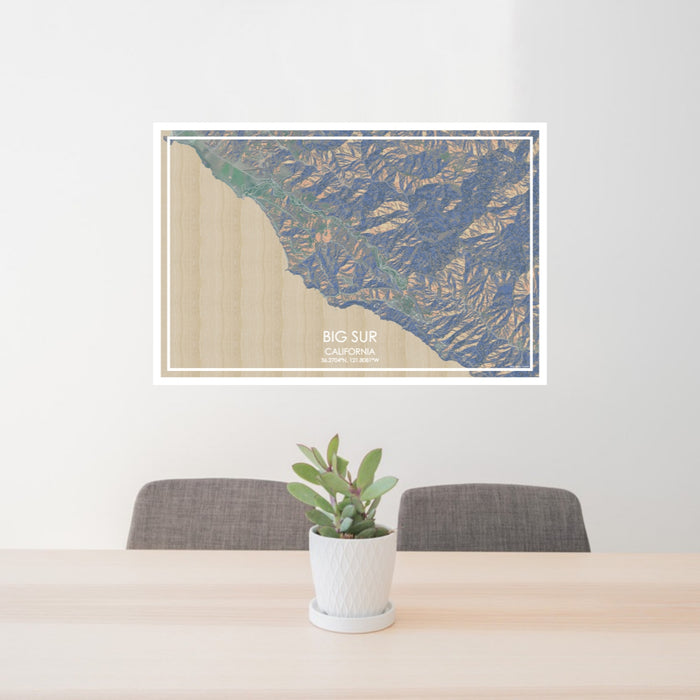 24x36 Big Sur California Map Print Lanscape Orientation in Afternoon Style Behind 2 Chairs Table and Potted Plant