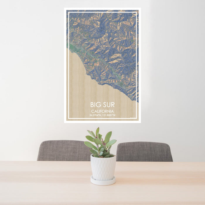 24x36 Big Sur California Map Print Portrait Orientation in Afternoon Style Behind 2 Chairs Table and Potted Plant