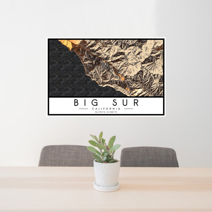 24x36 Big Sur California Map Print Lanscape Orientation in Ember Style Behind 2 Chairs Table and Potted Plant