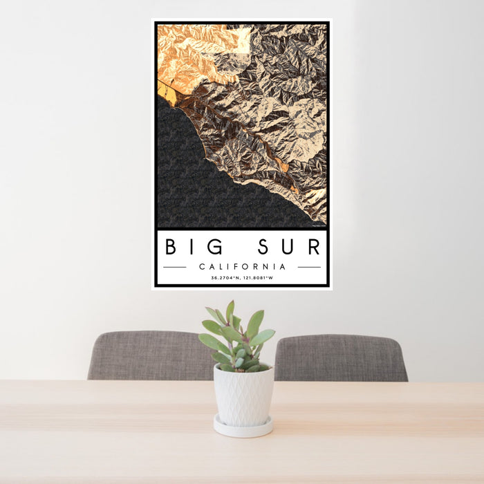 24x36 Big Sur California Map Print Portrait Orientation in Ember Style Behind 2 Chairs Table and Potted Plant