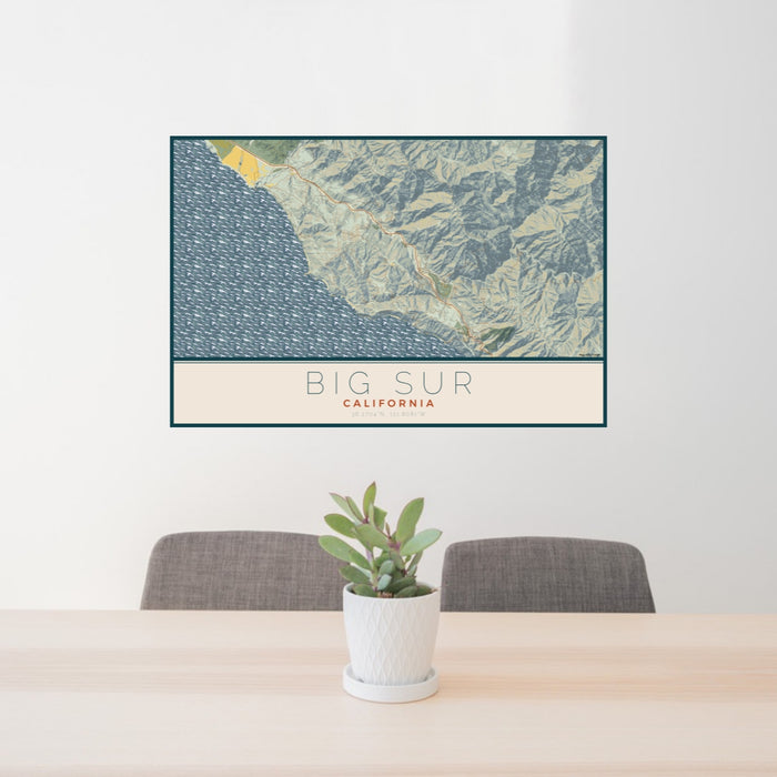 24x36 Big Sur California Map Print Lanscape Orientation in Woodblock Style Behind 2 Chairs Table and Potted Plant