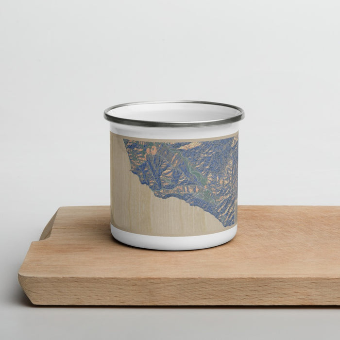 Front View Custom Big Sur California Map Enamel Mug in Afternoon on Cutting Board