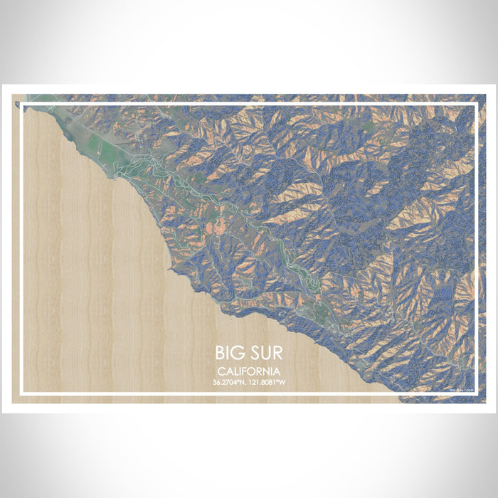 Big Sur California Map Print Landscape Orientation in Afternoon Style With Shaded Background